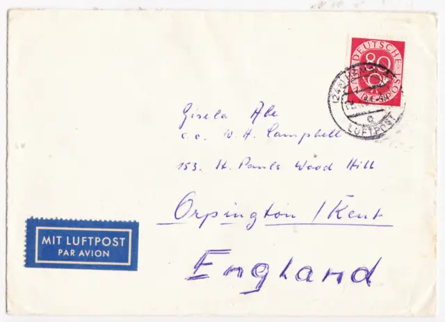 Bund Posthorn, 80 Pf, Mi. 137 EF auf Luftpost-Brief nach England