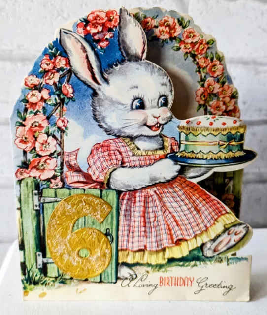 Vintage 1950's Age 6 Six Bunny Rabbit Cake Birthday Greeting Card (EB3674