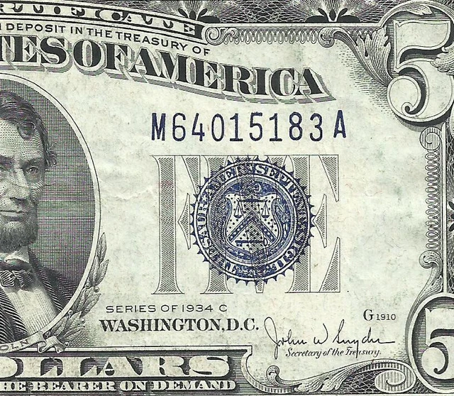 1934C $5 BLUE Seal SILVER Certificate! Old US Paper Money Currency!