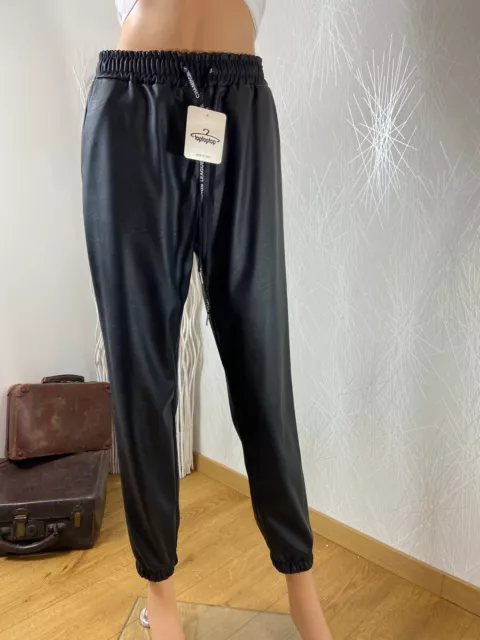 Pantalon noir simili cuir taille haute élastique cordon - 36