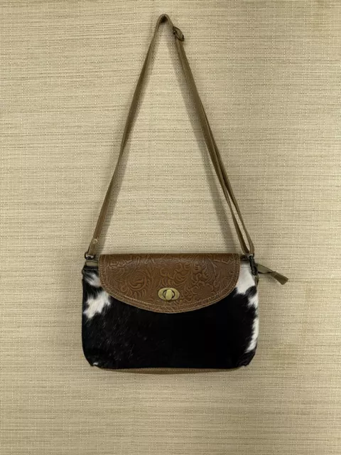 Myra Hand-Tooled Leather Crossbody Country Hair-On Leather Shoulder Bag Myra Hand-Tooled Leather Crossbody Country Hair-On Leather Shoulder Bag