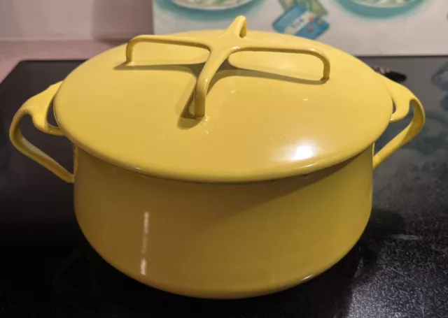 VTG Dansk Enamel Kobenstyle 7 1/4" Pot w/Lid Yellow  France IHQ OLDER LID TRIVET