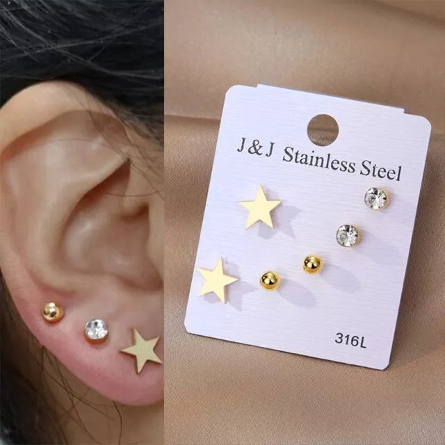 3Pairs Stainless Steel Earrings Small Cute Five-pointed Star Stud Earrings Se Sg