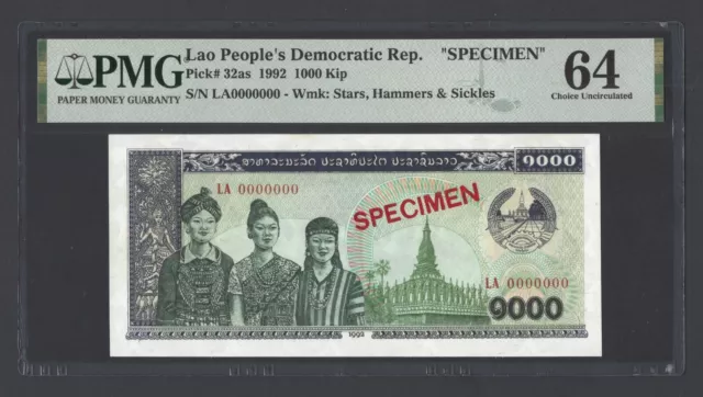 Lao 1000 Kip 1992 P32as "Specimen" Uncirculated Grade 64