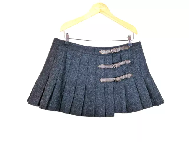 Burberry Vintage Grey Wool Pleated Kilt Mini Skirt Size 42 Leather Strap Y2K 90s