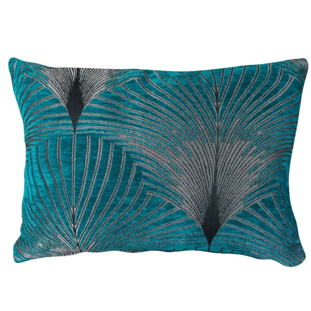 Art Deco Fan Boudoir Cushion. Luxury Velvet Chenille. Teal Blue & Silver. 17x12"