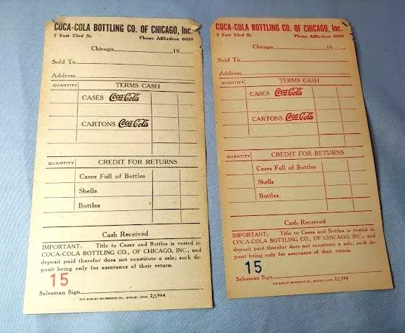 1930s Coca Cola Chicago Bottling Co Sales Receipt set of 2 blank