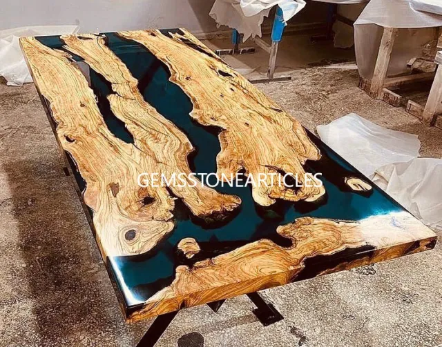 Solid Black Epoxy Resin Top Handmade Acacia Wooden Dining Table Hallway Decors