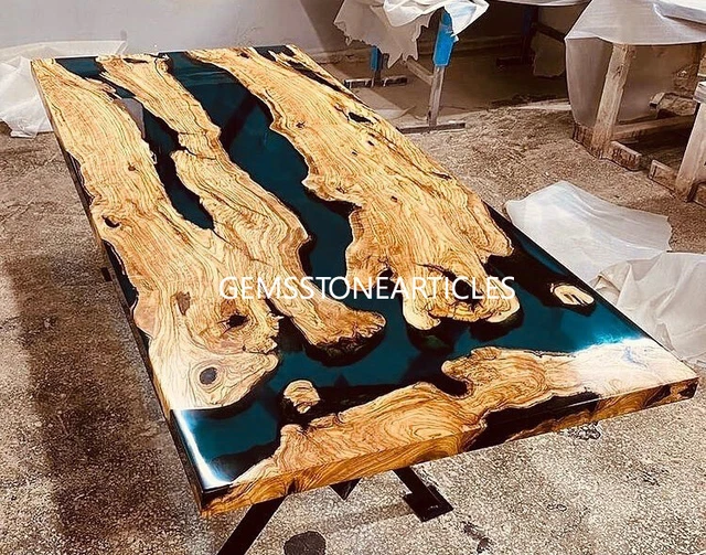 Solid Black Epoxy Resin Top Handmade Acacia Wooden Dining Table Hallway Decors
