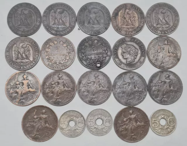 France French Collection of 20 Different 5 Centimes Coins from 1853 to 1920