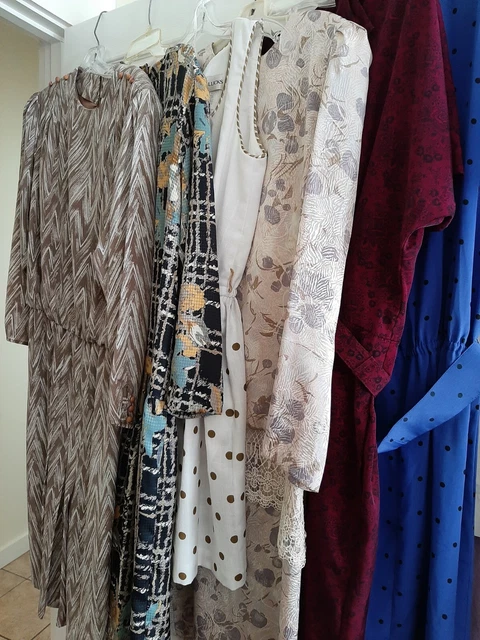 LOT 80s Blouson Midi Biz Casual Poly Dresses & Romper Bundle Resale Collection