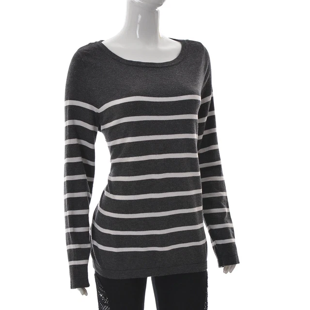 Yessica Femmes Manches Longues Col Rond Pull Blanc & Gris Rayé Taille M