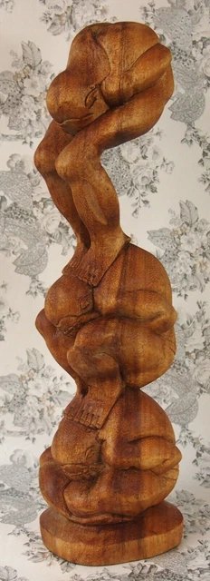 LARGE 16.5" Hand-Carved Wood 3 Weeping Buddha-Monk-Yogi - Crying Man Figures