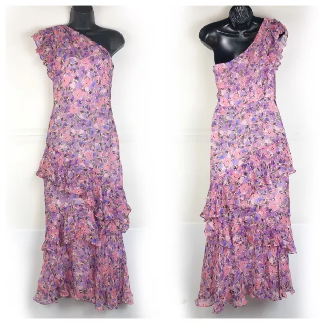 SHOSHANNA MIDNIGHT Pink Purple Floral One Shoulder Chiffon Ruffle Midi Dress 4 2