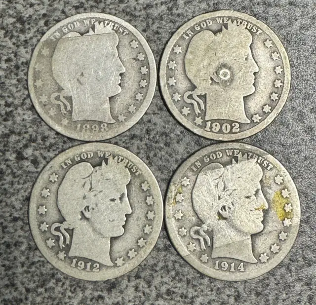 Lot Of 4 - ( 1898 1902 1912 1914 D ) Barber Quarters 90% Silver As Shown