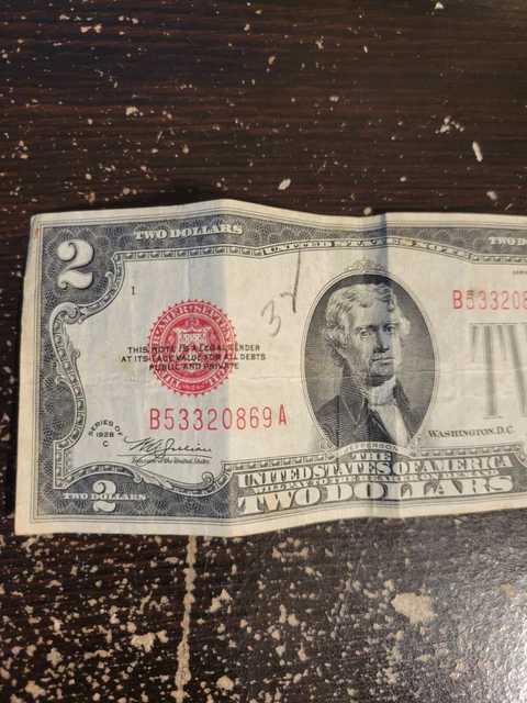 1928 C Red Seal $2 Two Dollar Bill B53320869A