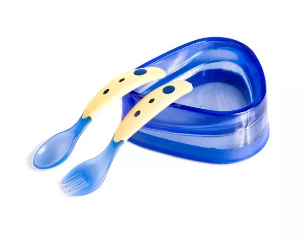 Baby Dipper Bowl, Spoon & Fork Set - Blue - Easy feeding for infants & toddlers!