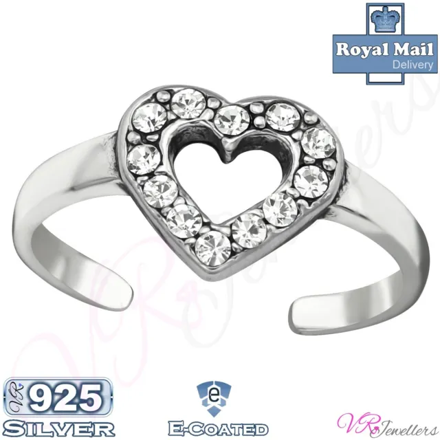 925 Crystal Heart Toe Ring Solid Sterling Silver Band Heart Toe Ring Adjustable