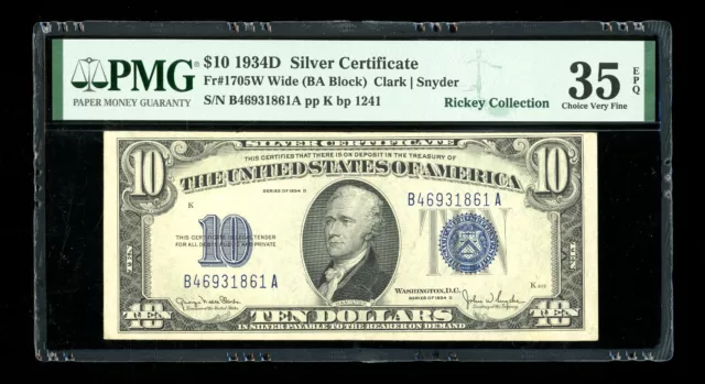 DBR 1934-D $10 Silver Wide Fr. 1705W PMG 35 EPQ Serial B46931861A