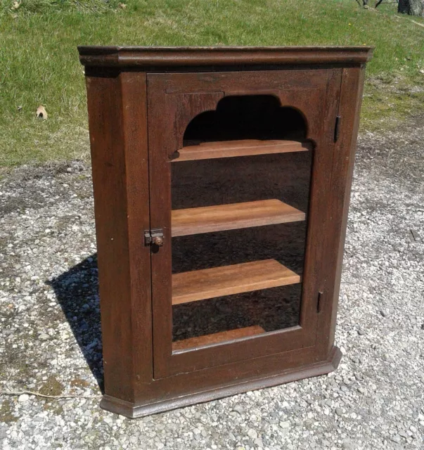Antique Primitive Hanging Corner Cabinet w Alligator Brown Varnish 1860 Folk Art