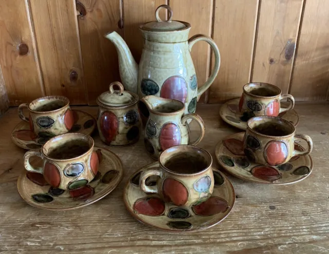 Vintage Studio Pottery Coffee Tea Pot Set Cups Saucers Milk Jug Sugar Bowl