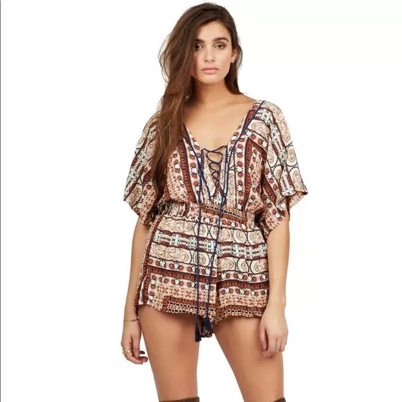 Cleobella Wesley Bohemian Tassel Smocked Waist Short Romper with Pockets Size XS