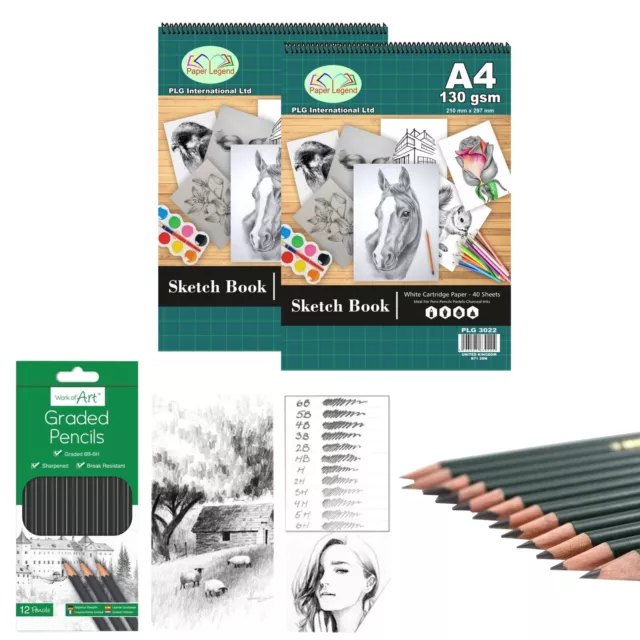 2 x A4 Sketch Pad With 12 Graded Pencil Sets For Sketching Art Artist Book