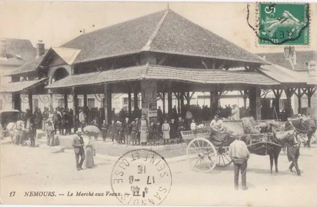 CPA 77 BRIE Env. Melun Fontainebleau Poligny NEMOURS Le Marché aux Veaux 1915
