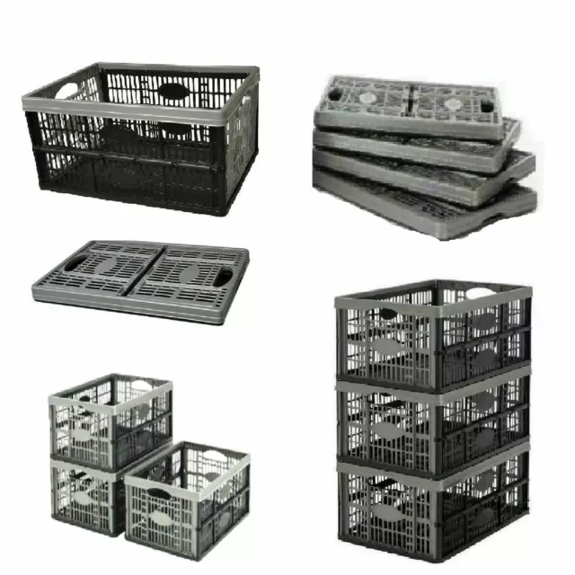 Plástico Plano Plegable Almacenaje Cajas Apilables 32L Negro Gris Plegable