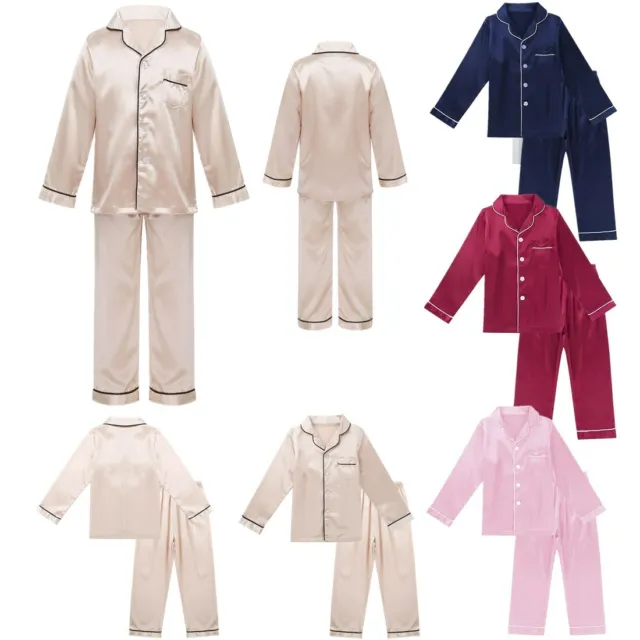 Kids Satin Pyjamas Boys Girls Silk 2Pcs Outfits Sleepwear Nightwear Loungewear