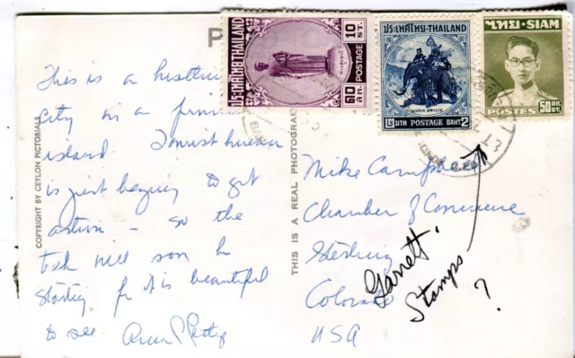 1964 Bangkok Thailand Siam Airmail Cover on Colombo Ceylon real photo postcard