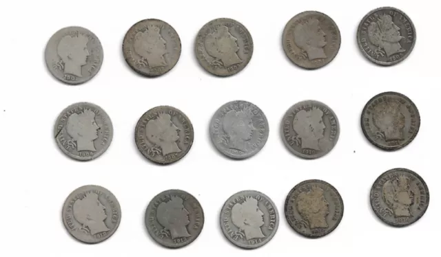 Lot of  15 Different Barber Dimes 1901 - 1916