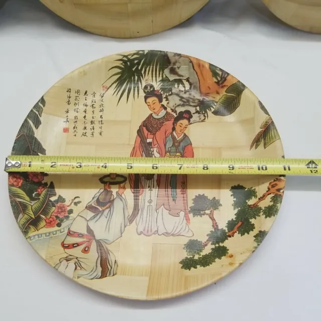👌 Lot Of (9) Oriental Hand Painted Bamboo Decorative Plates - Great Wall Art