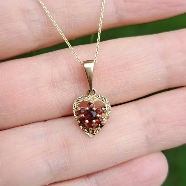 Vintage 9ct Gold and Garnet Cluster Heart Pendant, 1979 3