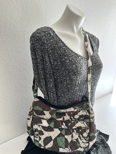 Vera Bradley Quilted Crossbody Purse Brown Military Green Floral Medium Handbag