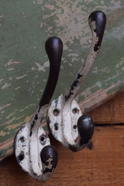 Pair Reclaimed Old Painted Coat Hooks pegs rack stand vintage original antique