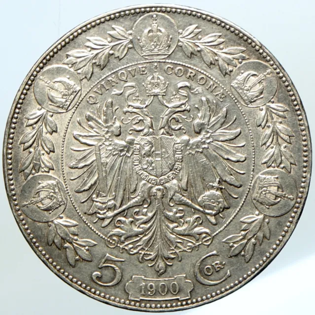 1900 AUSTRIA KING FRANZ JOSEPH I Eagle OLD ANTIQUE Silver 5 Corona Coin i101111