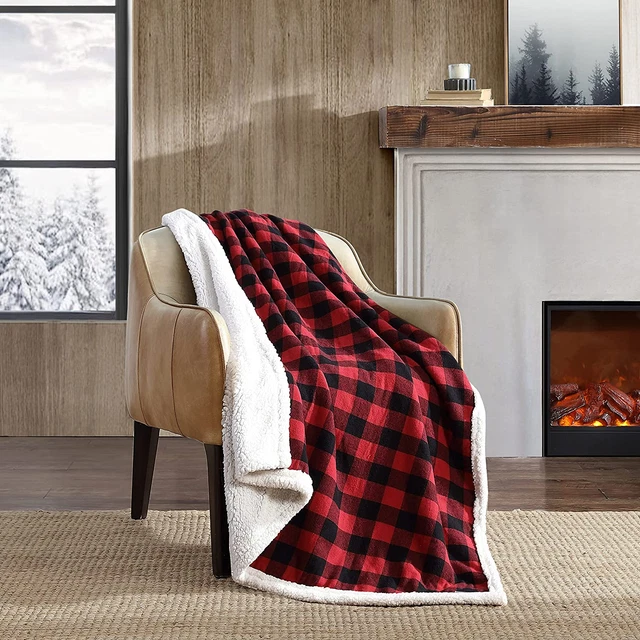 Eddie Bauer - Throw Blanket, Reversible Sherpa Fleece Bedding, Buffalo Plaid Hom