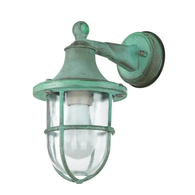 Wandlampe außen Außenleuchte Grün antik IP64 E27 Glas Messing Maritim rostfrei