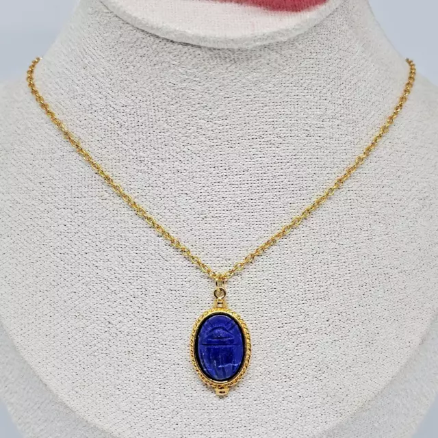 MULTILANA Lapis Lazuli Scarab Pendant Egyptian Revival Gold Tone Chain Necklace