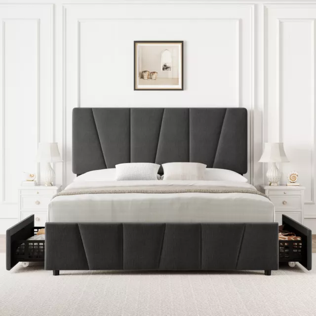 Twin/Full/Queen Upholstered Bed Frame w/4 Storage Drawers & Wooden Slats Support