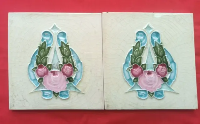 2 Piece Old Art Deco Floral Design Embossed Majolica Ceramic Tiles England 0134