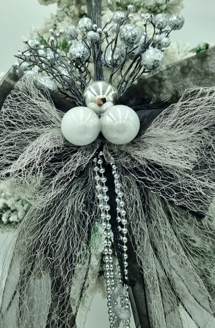 Black Silver Christmas Tree Topper Bow Large Handmade Luxury Bows Decor