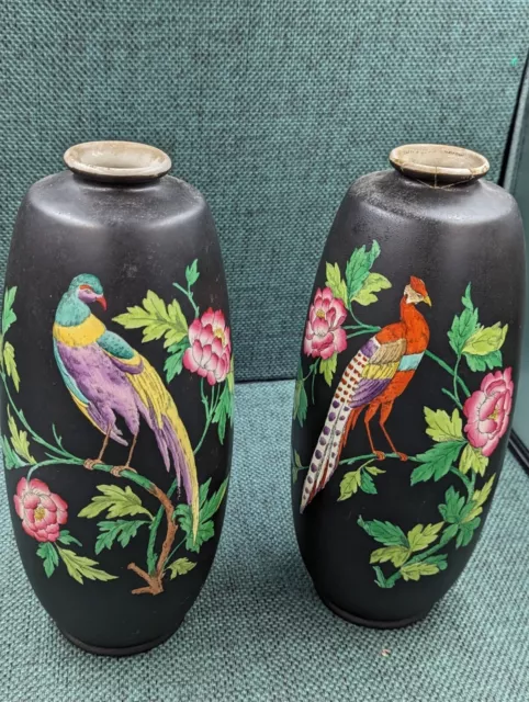 Minton Aesthetic pair large vases, pheasants & flowers. Stunning & VGC for age