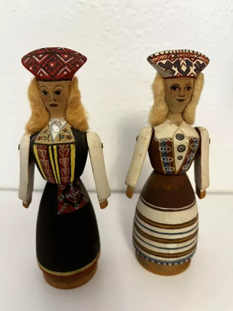 Antique Hand Carved Wood Figures. Ethnic Belgian Clothing. Arms Move Signed. EUC