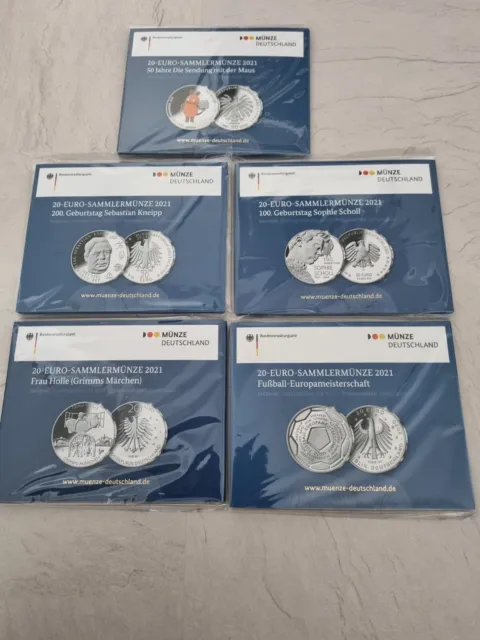 20 Euro BRD 2021 - Kompletter Satz PP - Gedenkmünzensatz 2021 - 5 x 20 Euro