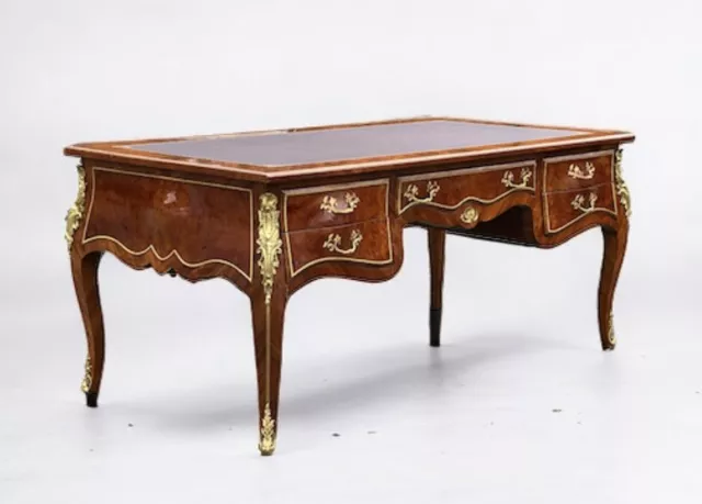 French Style Desk, Inlaid Kingswood With Brass Decoration, Very Impressive.