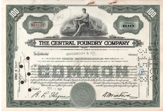 The Central Foundry Company - Original Stock Certificate -1947 - NC44152