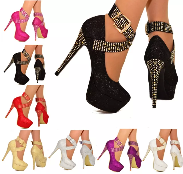Ladies Platform High Heels Sparkly Diamante Stud Ankle Strap Party Shoes 3-8