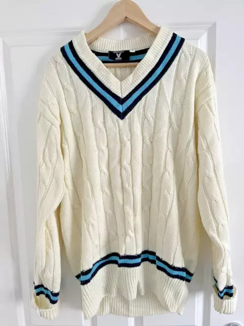 Vintage Mens Slazenger Long Sleeve Jumper Cable Knit Cricket Ivory White & Blue